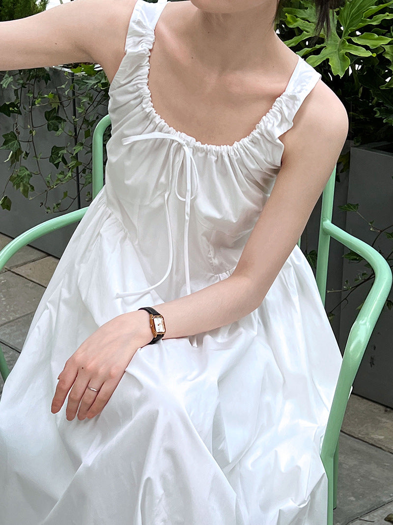 Luxi French Sleeveless Pleated Camisole dress Summer Minimalist Joker Waist Elegant Long Dress 5068