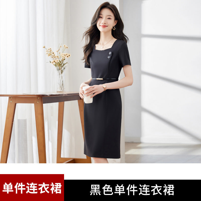 [Elegant Long Skirt] V-neck Short-sleeved dress High-end Work Clothes Mid-length Skirt Spring and Summer Business Wear Uniform