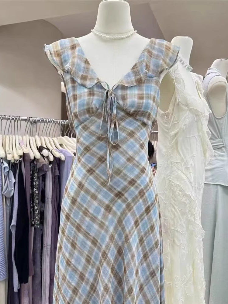Fashion New Summer French Elegant Temperament Gentle Ruffled Plaid Dress Women's Summer Slimming Age-Reducing Long Dress