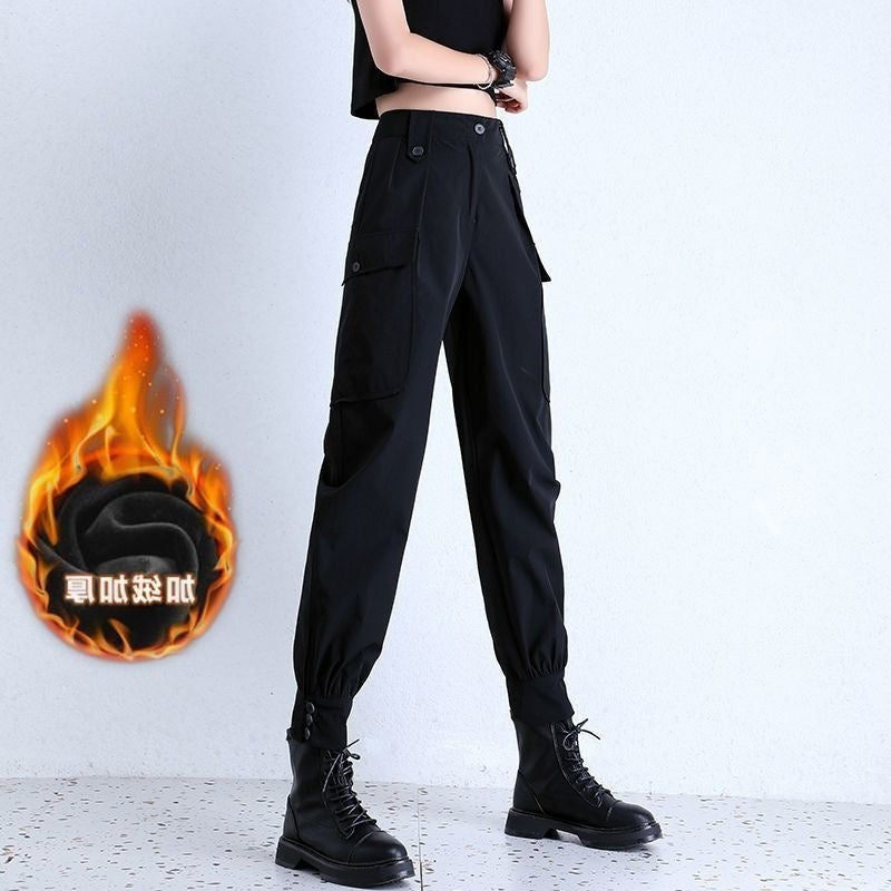 Women's Fleece-Lined Thickened Winter Korean-Style Cargo Pants, Jogger Loose Slimming Ins Harem Casual Pants for Students