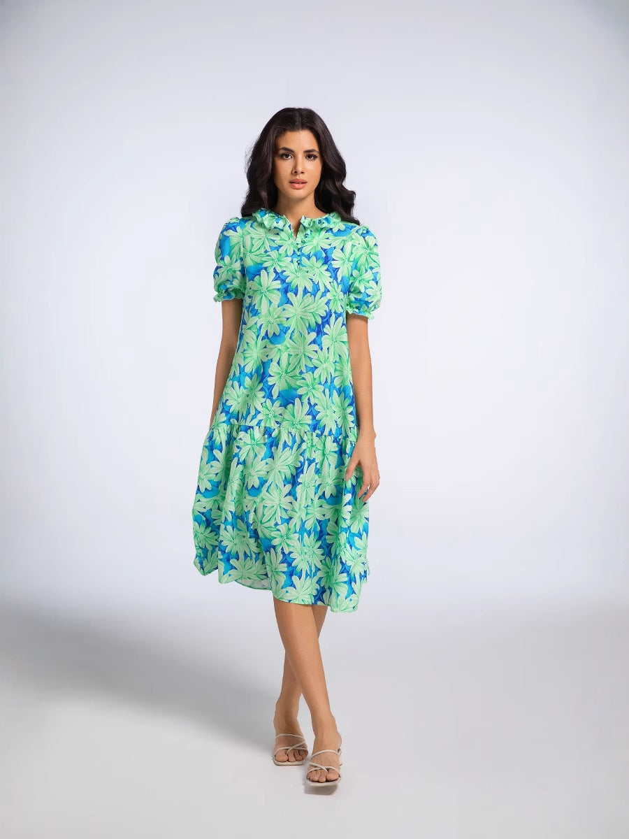 2025 Summer Women's New Ruffled Sleeve Women's European and American Pleated Bow Thai Print Long Skirt Dress