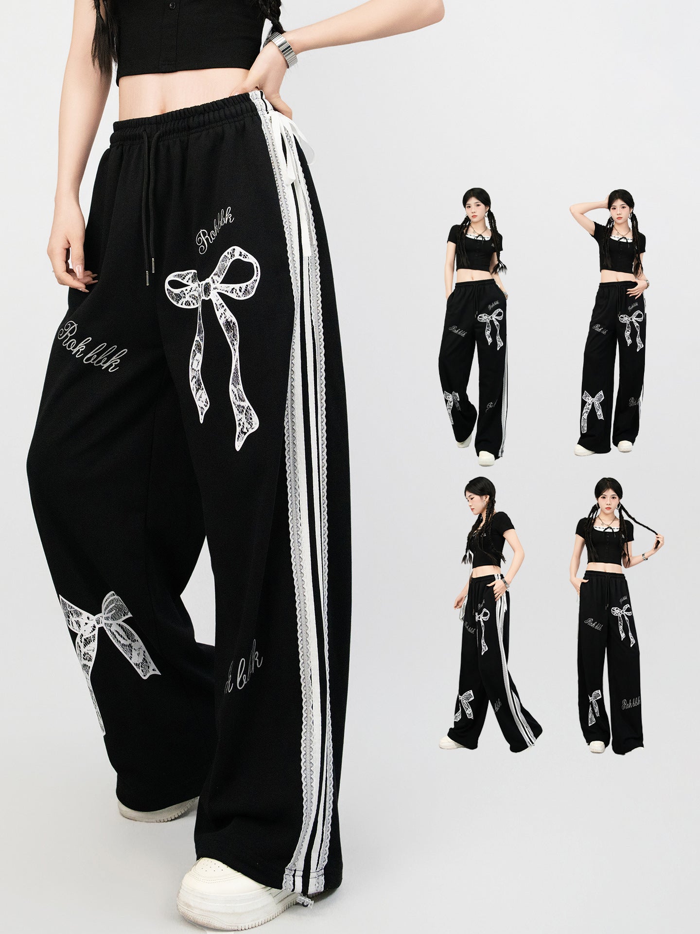 Trendy Jazz Dance Ballet Style Lace Trim Casual Pants Elastic Waist Sports Straight Slim Versatile Black Long Pants