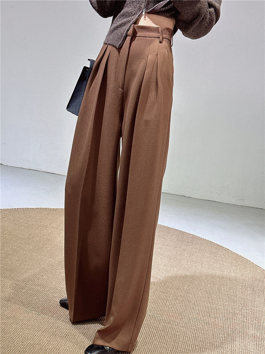 Spring and Autumn New Style Old Money Style Brown Coffee Color Suit Pants for Women, Wide-Leg Pants with Drape Effect, Slimming, Extended Length for Tall Individuals, Straight-Leg Pants