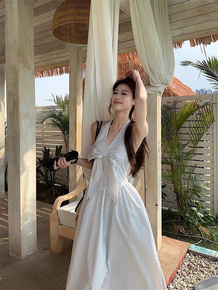 Gentle Style Stripesd Bow Halter V-Neck Dress for Women Summer Seaside Vacation A-Line Skirt French Style Long Skirt