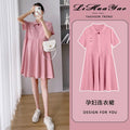 Pregnant Women's Dress Women's Summer Trendy Mom Thin Short-sleeved Top Pink Polo Collar Fashion Nursing Summer Dress