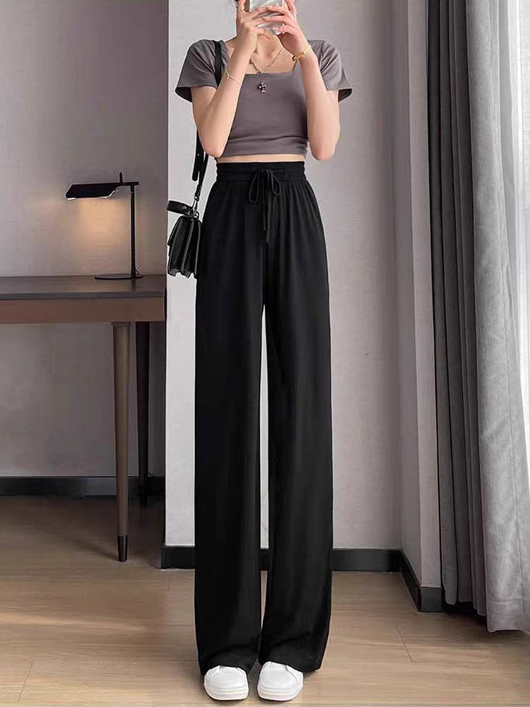 Ice Silk Wide-Leg Pants for Women, Summer Thin High-Waisted Drape Cool Mosquito-Proof Sun-Protective Casual Versatile Floor-Length Straight Pants