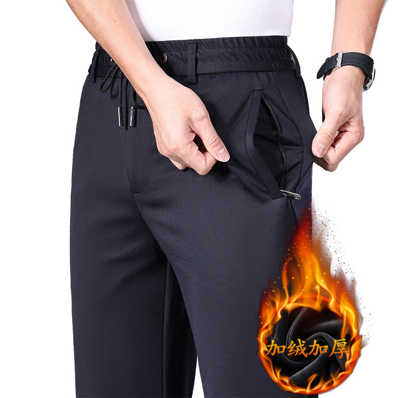 Autumn and Winter fleece-lined Casual Pants Straight Elastic Waist Stretch Pants Men's Thickened Business Men's Pants Elastic Waist Warm Pants