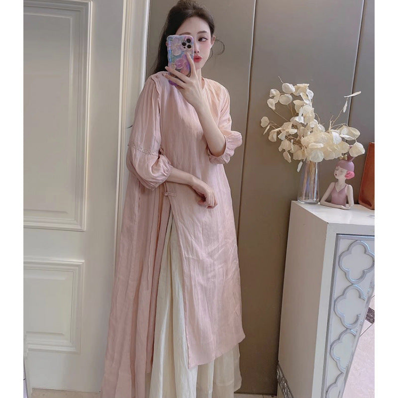 Summer New Style Quality Ramie Handmade Buckle Lace Lace Guofeng dress Double-Layer Skirt suit