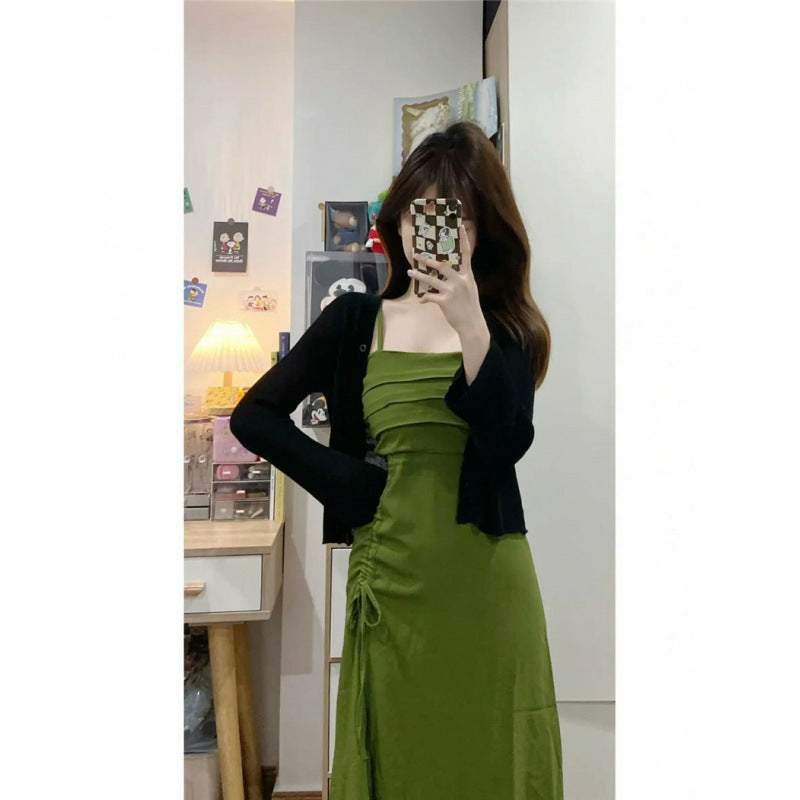 Spring and Summer 2024 New French Design Sense avocado green Small Sling dress Mid-length Fairy First Love Dress