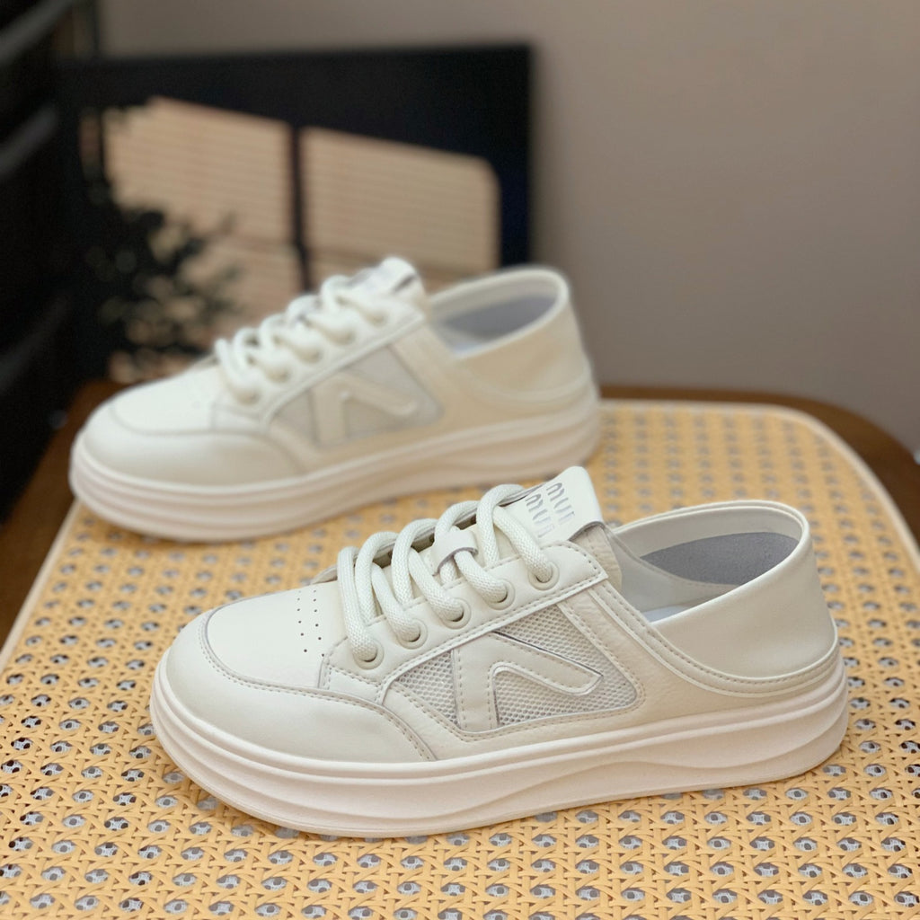 Genuine Leather Retro Sneakers for Women 2025 Spring & Fall New Niche High-Bottom Soft-Soled White Shoes Flats-Soled Sports and Casual Shoes