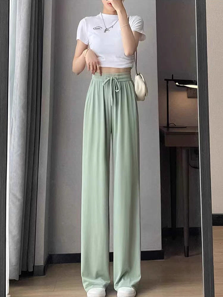 Ice Silk Wide-Leg Pants for Women, Summer Thin High-Waisted Drape Cool Mosquito-Proof Sun-Protective Casual Versatile Floor-Length Straight Pants