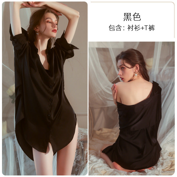 Sexy Pajamas Women 2024 Summer Shirt Dress Boyfriend Wind Long Charming Nightgown Lace Shorts suit Women