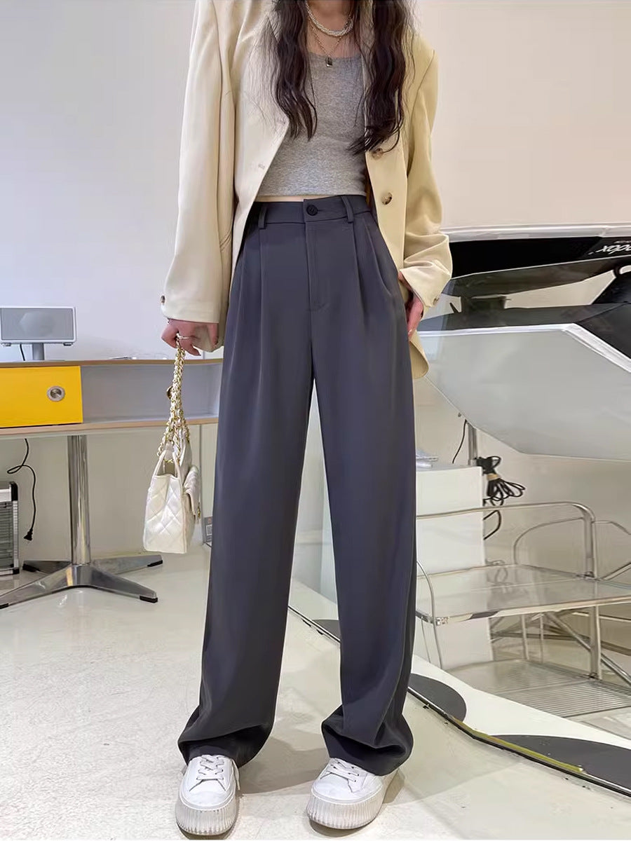 Gray Suit Pants for Women Spring and Summer New High-Waisted Double Pleated Slim Floor-Length Trousers Casual Straight Wide-Leg Pants