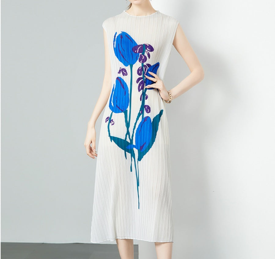 In Stock Miyake Dress Printed Elegant Elegant High-End Loose Slimming Look Elegant Round Neck Sleeveless Pleated Skirt