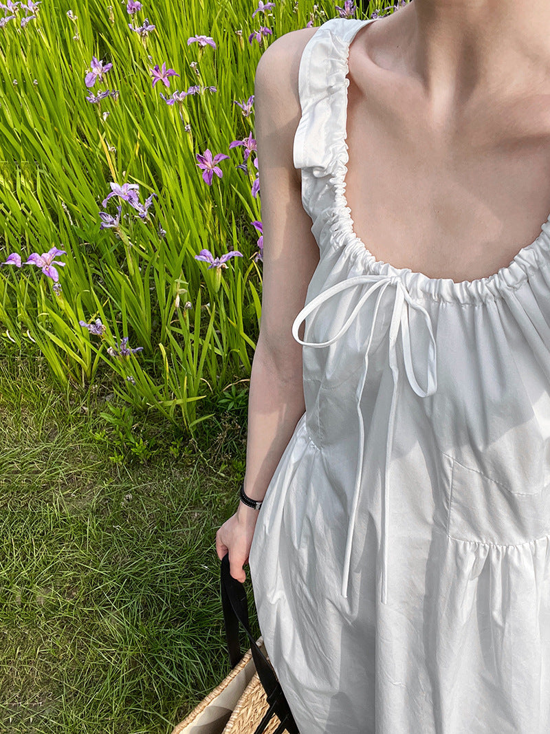 Luxi French Sleeveless Pleated Camisole dress Summer Minimalist Joker Waist Elegant Long Dress 5068
