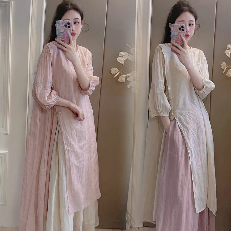 Summer New Style Quality Ramie Handmade Buckle Lace Lace Guofeng dress Double-Layer Skirt suit