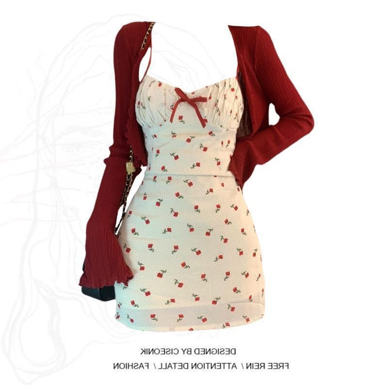 Plus Size Fat mm French Sweet Sexy Sweet Contrasting Suspender Skirt Women's Summer Red Cardigan + Floral Skirt Two-Piece Set