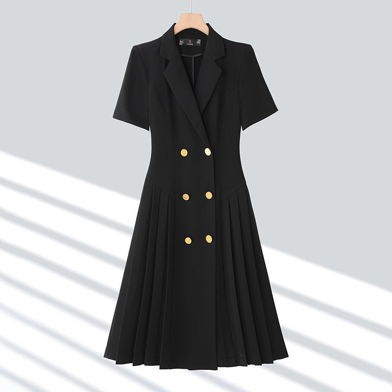 Spring and summer blue short-sleeved dress women's 2025 high-grade double-breasted professional suit collar mid-length skirt