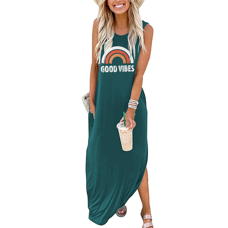Spot Amazon Independent Station Ebay Women's Dress Good Vibes Rainbow Flap Pocket Pants Casual Sleeveless Long Skirt