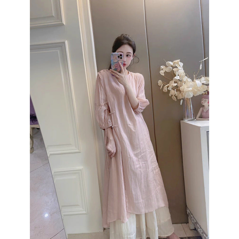 Summer New Style Quality Ramie Handmade Buckle Lace Lace Guofeng dress Double-Layer Skirt suit