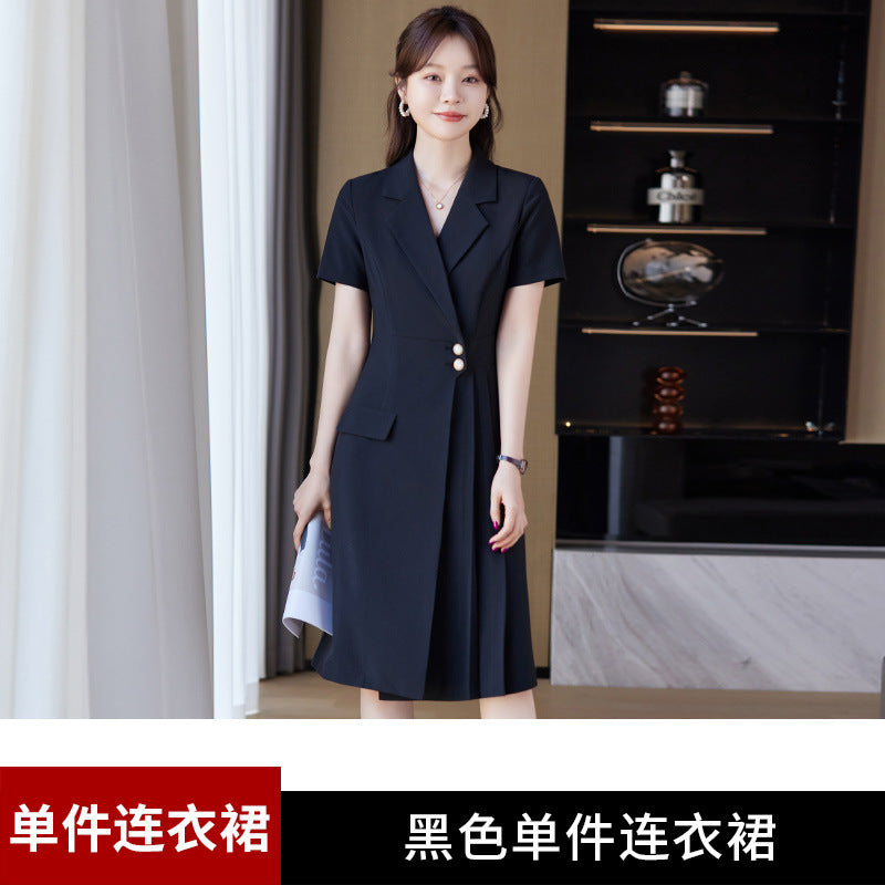 [Elegant Long Skirt] V-neck Short-sleeved dress High-end Work Clothes Mid-length Skirt Spring and Summer Business Wear Uniform