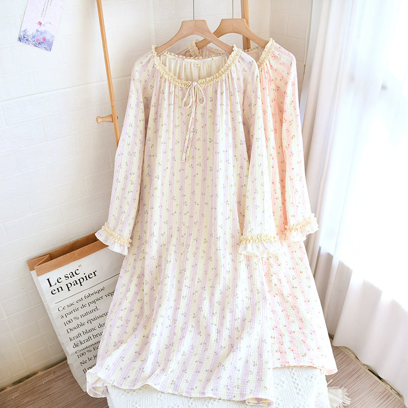 Spring and Summer Long Sleeve Round Neck Lace Sweet Long Dress Women's Thin Cotton Loose Outer Wear Small Floral Home Dress