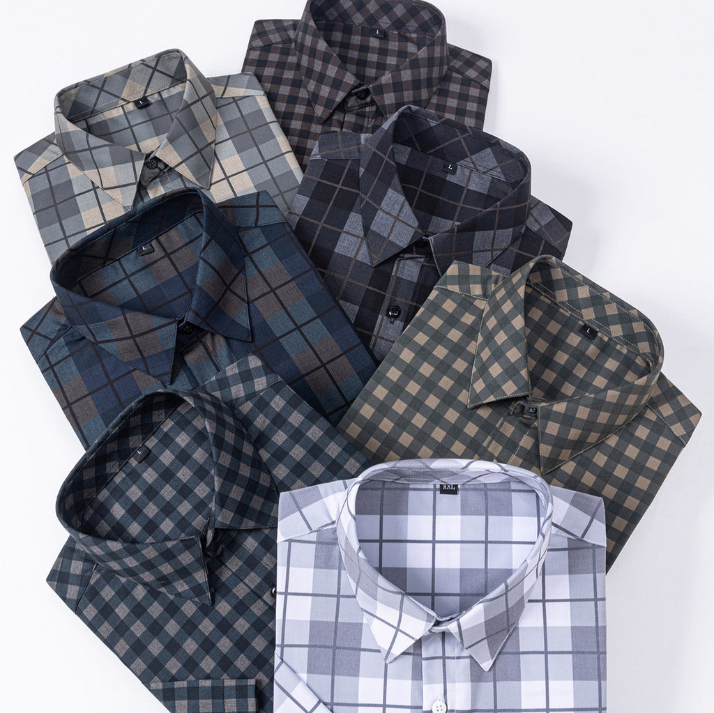 New 2025 Summer New Men's Short-Sleeved Bamboo Fiber Plaid Shirt Casual Half-Sleeved Pocketless Men's Lining