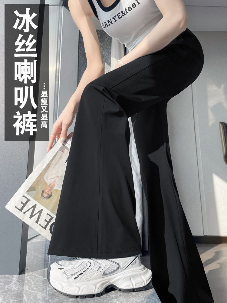 Bell-Bottom Pants for Women 2025 New Summer Thin Ice Silk Quick-Drying Pants Casual Small High-Waisted Draped Slightly Flared Pants