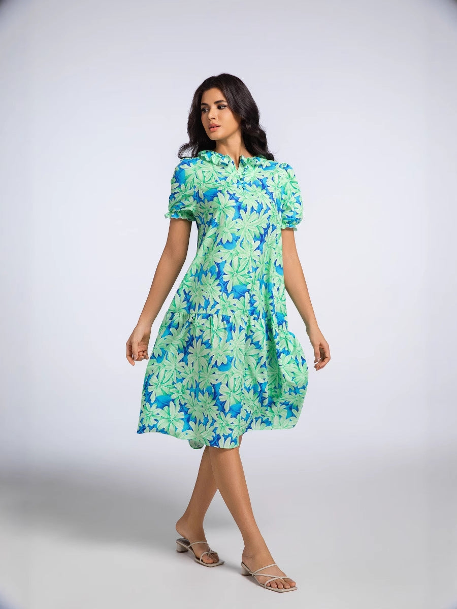 2025 Summer Women's New Ruffled Sleeve Women's European and American Pleated Bow Thai Print Long Skirt Dress