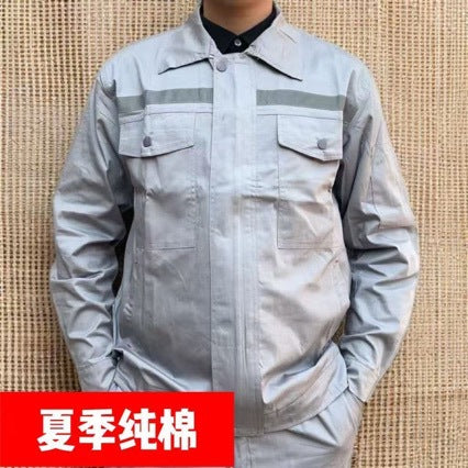 100% Pure Cotton Workwear Summer Thin Men's Long-Sleeve Set Top and Pants Breathable Work Uniform for Workshop and Auto Repair