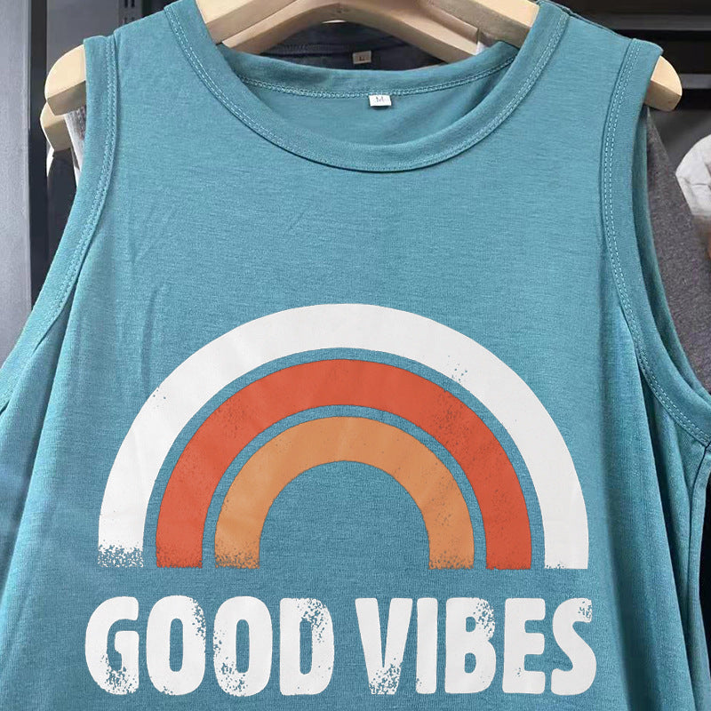 Spot Amazon Independent Station Ebay Women's Dress Good Vibes Rainbow Flap Pocket Pants Casual Sleeveless Long Skirt