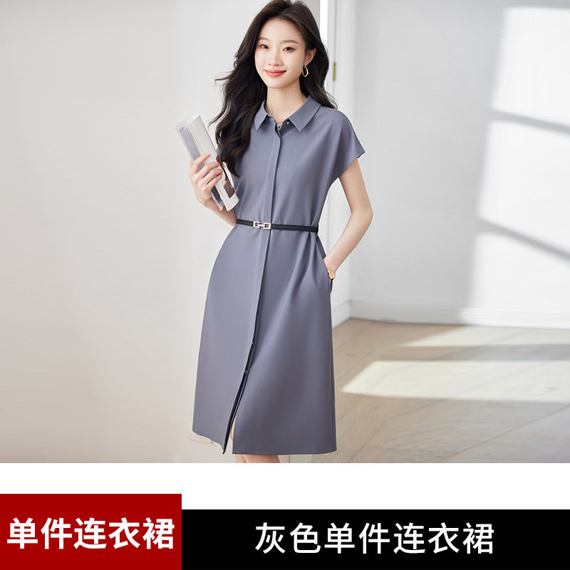 [Elegant Long Skirt] V-neck Short-sleeved dress High-end Work Clothes Mid-length Skirt Spring and Summer Business Wear Uniform