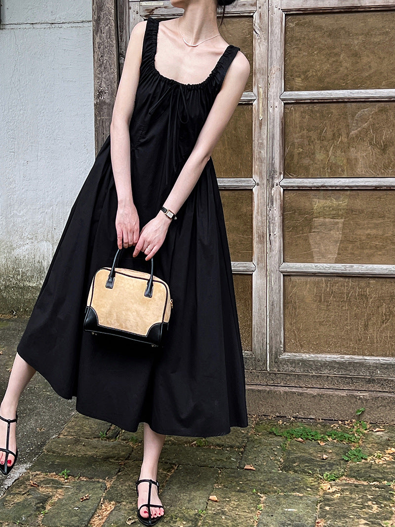 Luxi French Sleeveless Pleated Camisole dress Summer Minimalist Joker Waist Elegant Long Dress 5068