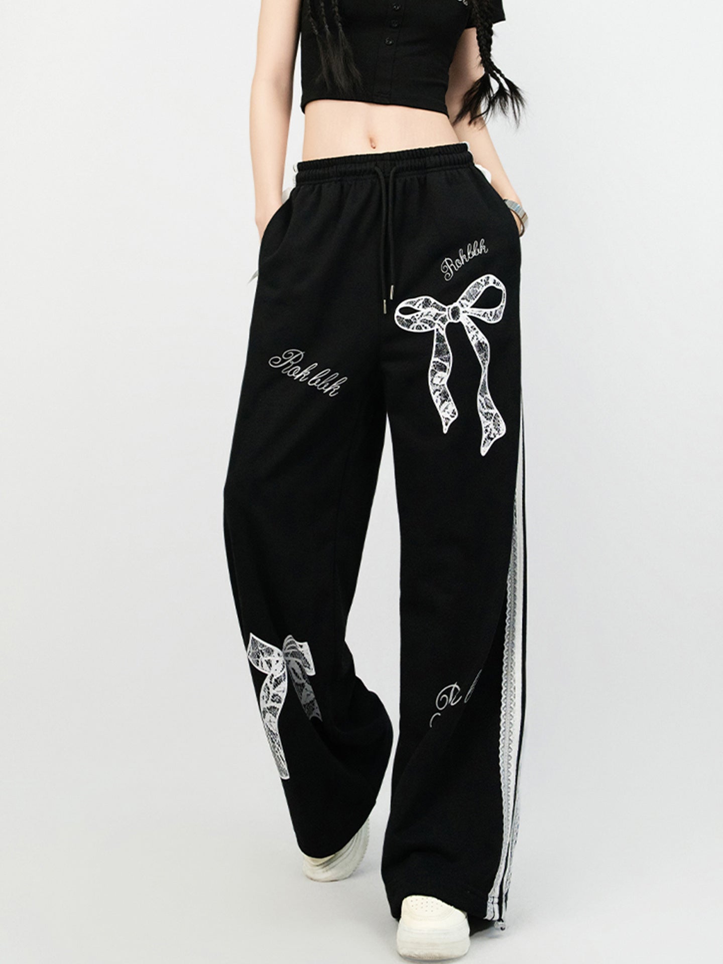 Trendy Jazz Dance Ballet Style Lace Trim Casual Pants Elastic Waist Sports Straight Slim Versatile Black Long Pants