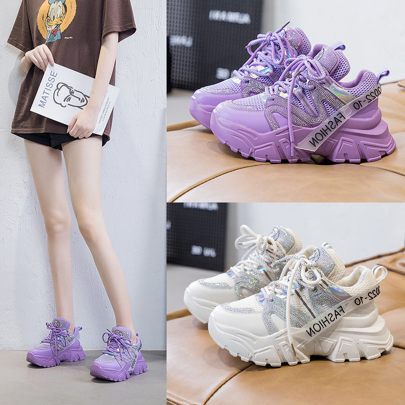 2026 Spring and Autumn Style Dad Shoes, Internet Celebrity Rhinestone Breathable Genuine Leather Shoes for Petite People, Popular Purple Thick-Soled Sports Shoes, Trendy on Instagram
