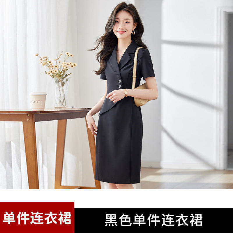 [Elegant Long Skirt] V-neck Short-sleeved dress High-end Work Clothes Mid-length Skirt Spring and Summer Business Wear Uniform