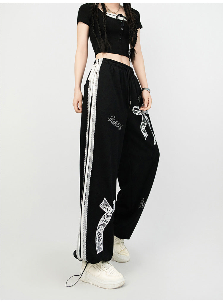 Trendy Jazz Dance Ballet Style Lace Trim Casual Pants Elastic Waist Sports Straight Slim Versatile Black Long Pants