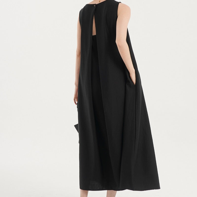 Korean Chic2026 Summer French Design Loose Backless Sleeveless Vest Dress Casual Age-Reducing Long Dress