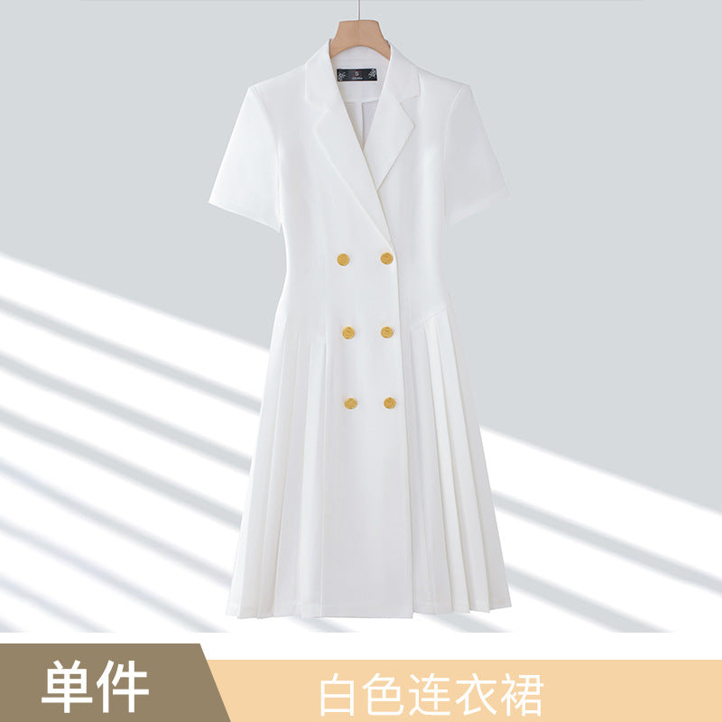 Spring and summer blue short-sleeved dress women's 2025 high-grade double-breasted professional suit collar mid-length skirt