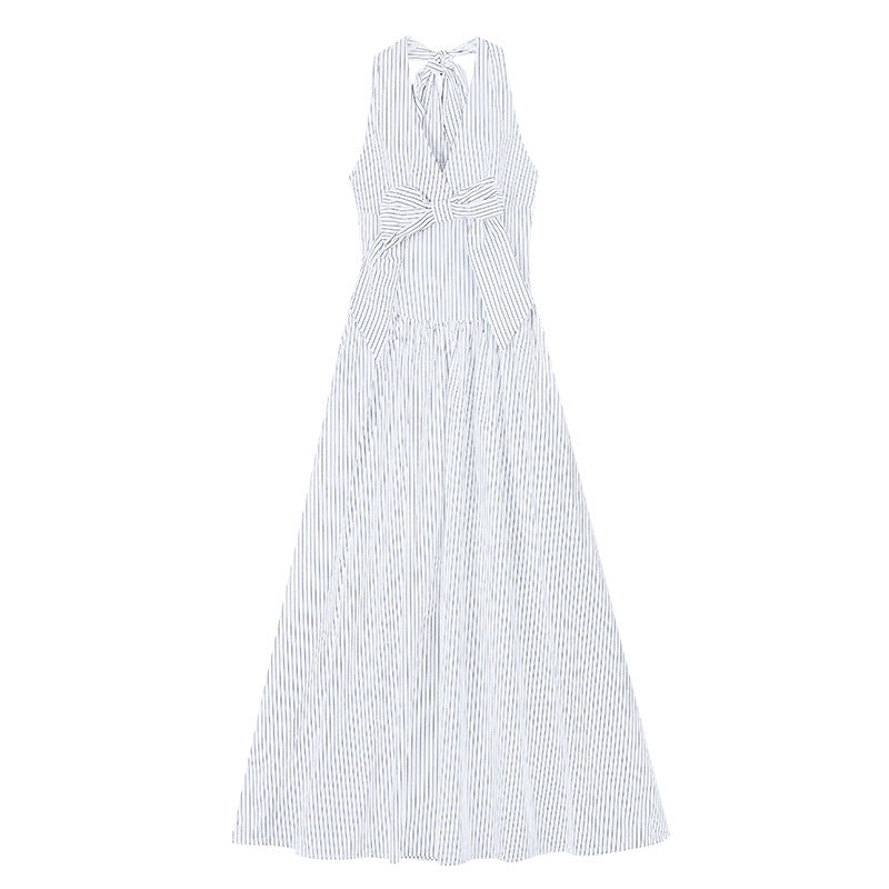 Gentle Style Stripesd Bow Halter V-Neck Dress for Women Summer Seaside Vacation A-Line Skirt French Style Long Skirt