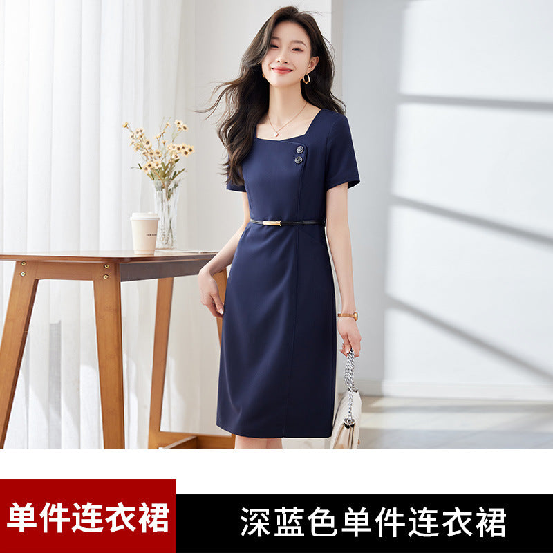 [Elegant Long Skirt] V-neck Short-sleeved dress High-end Work Clothes Mid-length Skirt Spring and Summer Business Wear Uniform