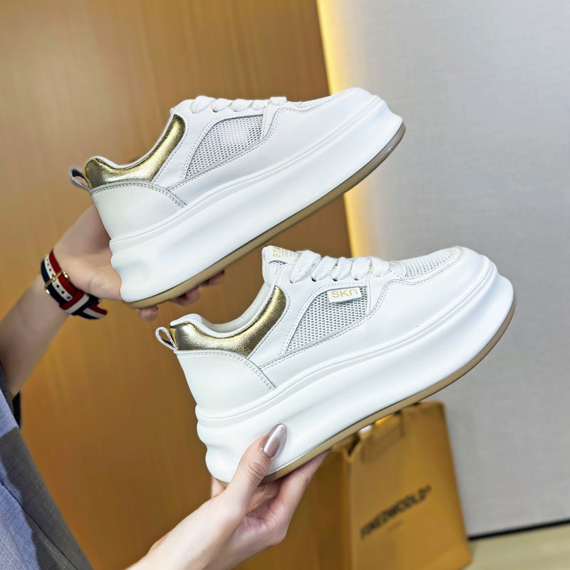 Thick-Soled White Sneakers for Women 2026 Spring and Autumn Hot-Selling Genuine Leather Breathable Sneakers for Women, Super Popular Versatile Casual Platform Shoes