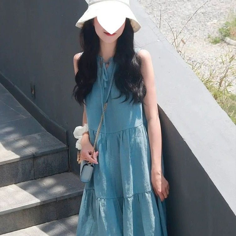Summer New Cotton and Linen Ins Gentle Solid Color Sleeveless dress French Loose Strap Slimming Holiday Style Long Dress