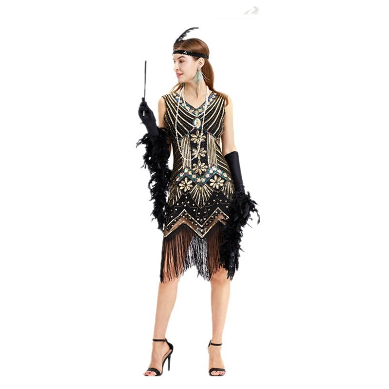 S-4Xl Amazon Wish Real Shot 1920S Retro Sequin Dress Handmade Beaded Tassel Plus Size Evening Dress