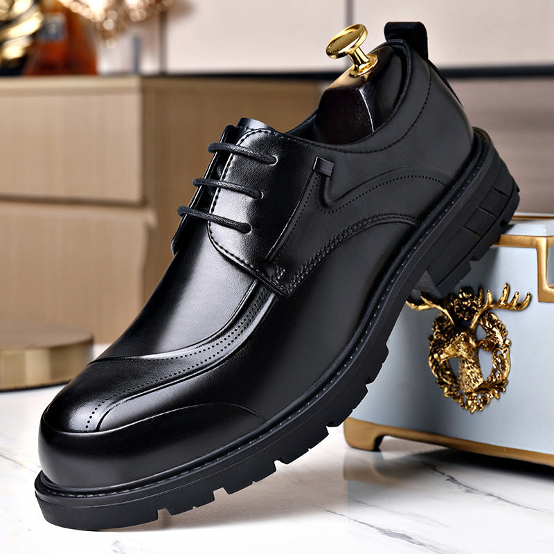 Men's Business Casual Leather Shoes with Large Toe, Thick Sole, Lace-Up, Hollow-Out Design, Fashionable British Style, Versatile Formal Men's Shoes, Breathable