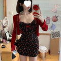 Plus Size Fat mm French Sweet Sexy Sweet Contrasting Suspender Skirt Women's Summer Red Cardigan + Floral Skirt Two-Piece Set