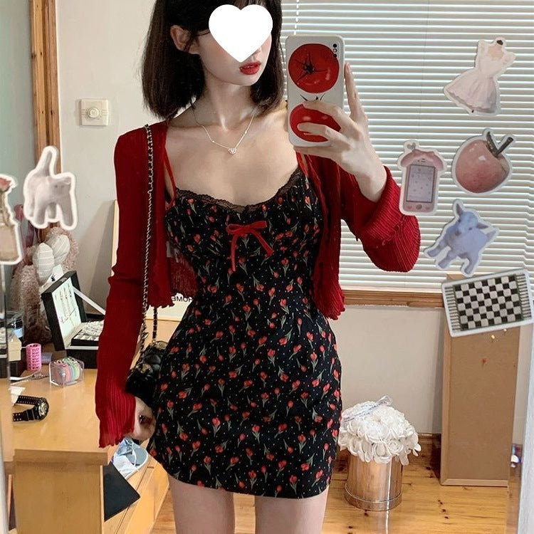 Plus Size Fat mm French Sweet Sexy Sweet Contrasting Suspender Skirt Women's Summer Red Cardigan + Floral Skirt Two-Piece Set
