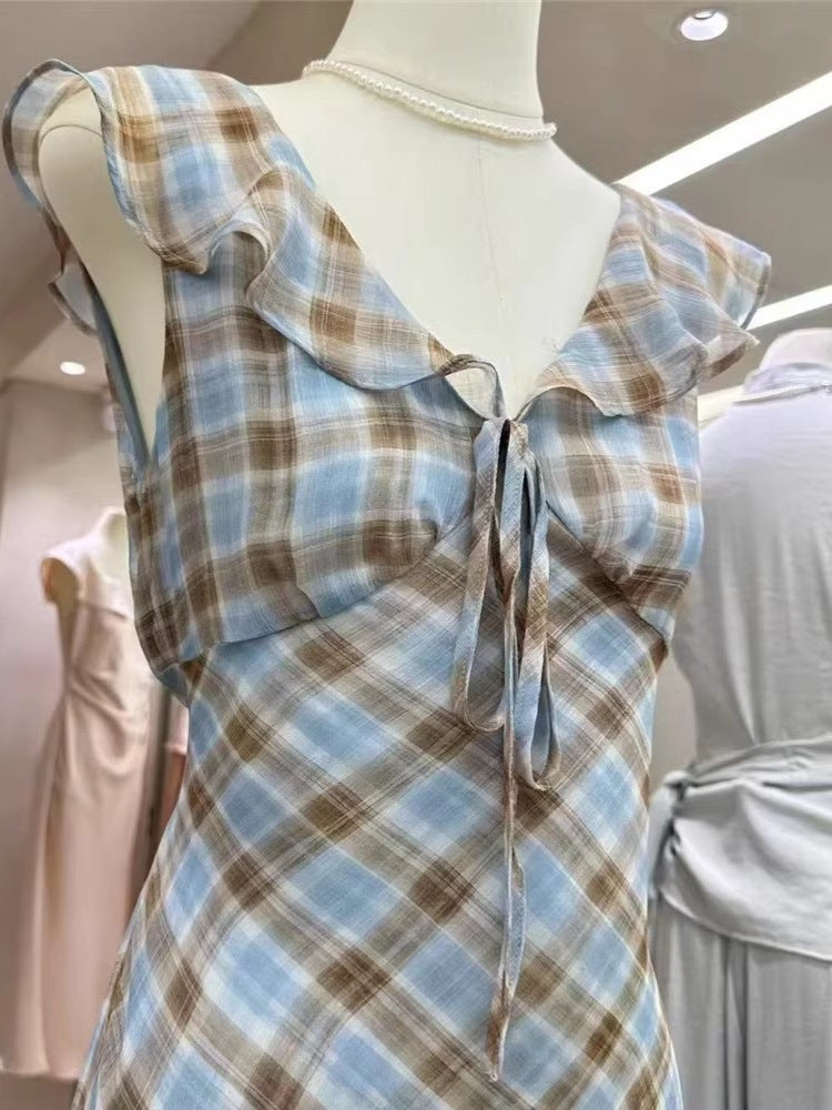 Fashion New Summer French Elegant Temperament Gentle Ruffled Plaid Dress Women's Summer Slimming Age-Reducing Long Dress