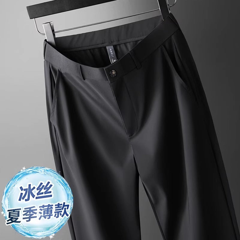 Wholesale men's ice silk trousers new casual pants men's slim-fit high stretch pants men's non-ironing black business men