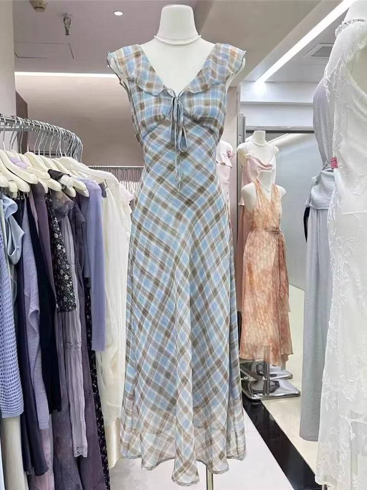 Fashion New Summer French Elegant Temperament Gentle Ruffled Plaid Dress Women's Summer Slimming Age-Reducing Long Dress